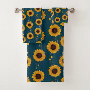 Art Nouveau Sunflower Retro Floral Stripes Yellow Bath Towel Set