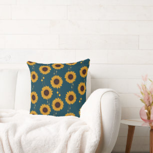 Art Nouveau Sunflower Retro Floral Stripes Yellow Cushion