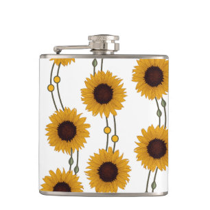 Art Nouveau Sunflower Retro Floral Stripes Yellow Hip Flask