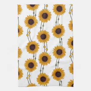 Art Nouveau Sunflower Retro Floral Stripes Yellow Tea Towel