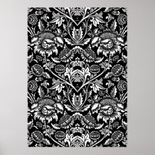 Art Nouveau Sunflowers, Black, White and Grey Post Poster