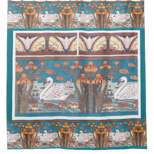 Art Nouveau Swan Birds Wildlife Animals Irises Shower Curtain