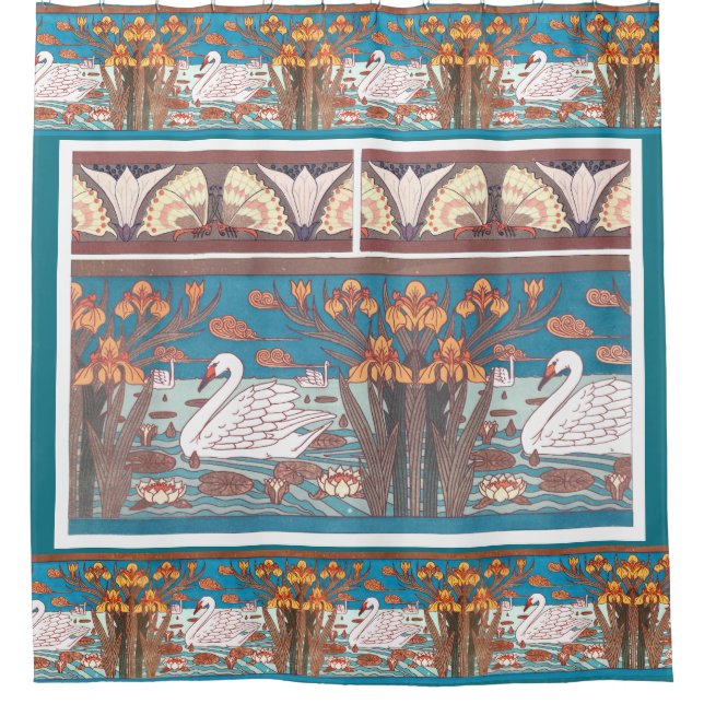Art Nouveau Swan Birds Wildlife Animals Irises Shower Curtain (Front)