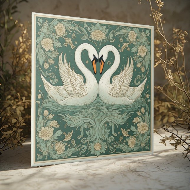 Art Nouveau Swan Couple Decorative Lake Scenery  Ceramic Tile (Art Nouveau Swan Couple Decorative Lake Scenery Ceramic Tile)