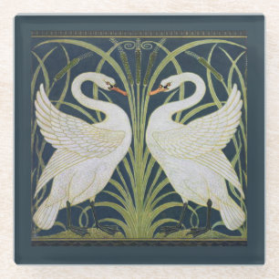 Art Nouveau Swans Pattern: Walter Crane Swan Print Glass Coaster