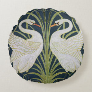 Art Nouveau Swans Pattern: Walter Crane Swan Print Round Cushion