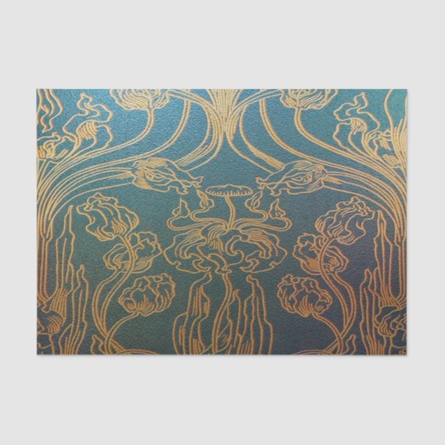 Art Nouveau,teal and gold, teal,gold,floral,chic,e Tissue Paper (Front)