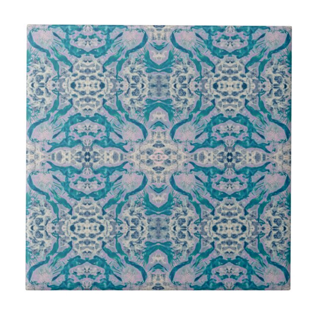 Art Nouveau Teal Blue Purple Mirrored Pattern Ceramic Tile (Front)