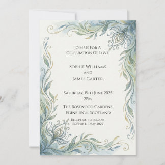 Art Nouveau Teal Gold Botanical Vine Wedding Invitation