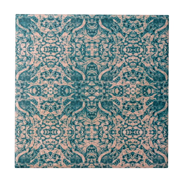 Art Nouveau Teal Green Beige Mirror Art Pattern  Ceramic Tile (Front)