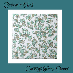 Art Nouveau Teal, White, Taupe  Ceramic Tile
