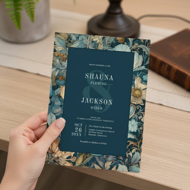 Art Nouveau Teal William Morris Floral Wedding Invitation (Creator Uploaded)
