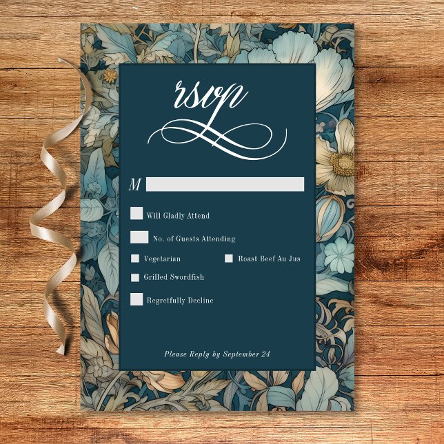 Art Nouveau Teal William Morris Floral Wedding RSVP Card (Art Nouveau Teal William Morris Floral Wedding RSVP Card)