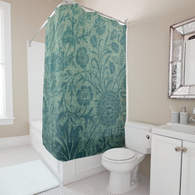 art Nouveau,teal,William Morris style, floral,chic Shower Curtain (In Situ)