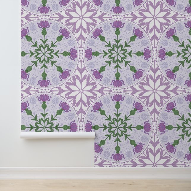 Art Nouveau Thistle Pattern in Purple and Green Wallpaper (Application)