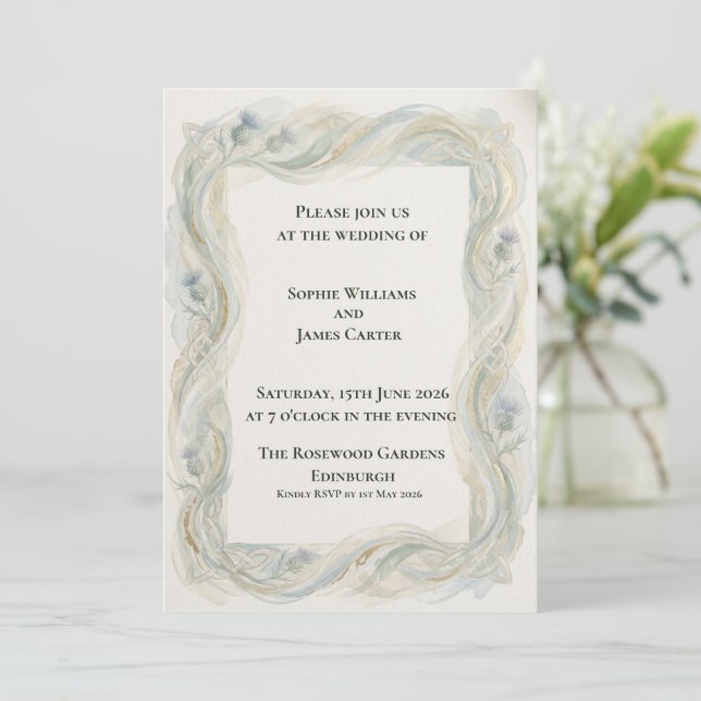 Art Nouveau Thistle Swirl Gold Frame Scottish Wedd Invitation (Standing Front)