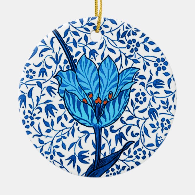 Art Nouveau Tulip Damask, Cobalt Blue Ceramic Ornament (Front)