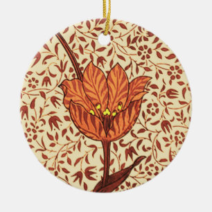 Art Nouveau Tulip Damask, Coral and Beige Ceramic Ornament