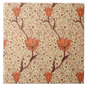 Art Nouveau Tulip Damask, Coral and Beige Tile