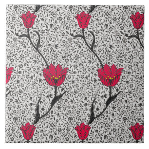 Art Nouveau Tulip Damask, Grey and Red Ceramic Tile