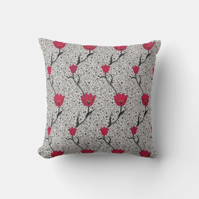 Art Nouveau Tulip Damask, Grey and Red Cushion (Front)