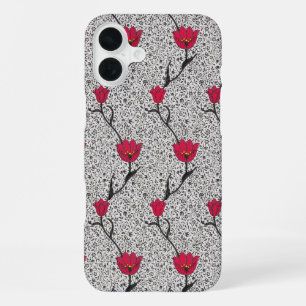Art Nouveau Tulip Damask, Grey and Red iPhone 16 Plus Case