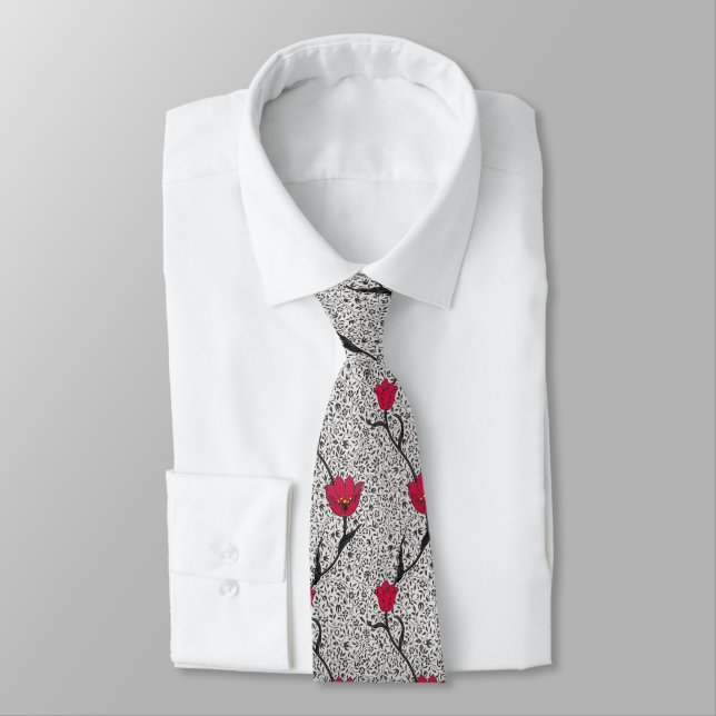 Art Nouveau Tulip Damask, Grey and Red Tie (Tied)