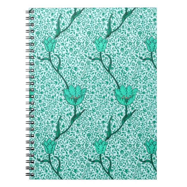 Art Nouveau Tulip Damask, Turquoise Notebook (Front)