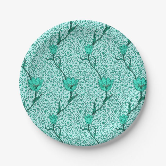 Art Nouveau Tulip Damask, Turquoise Paper Plate (Front)