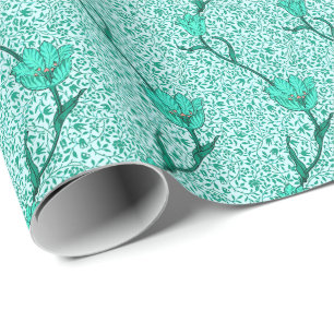 Art Nouveau Tulip Damask, Turquoise Wrapping Paper