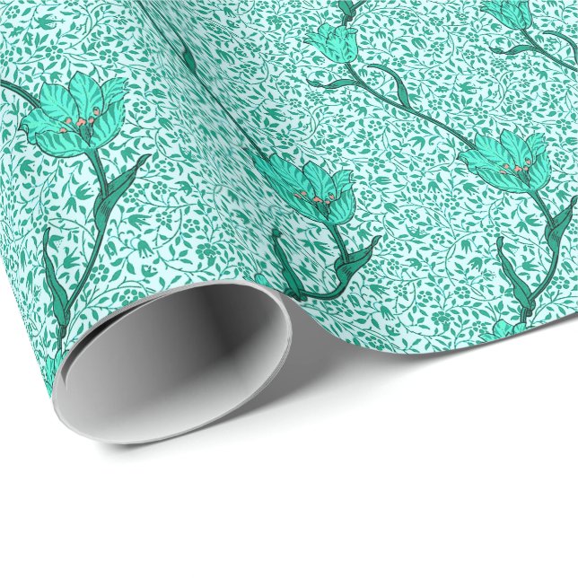 Art Nouveau Tulip Damask, Turquoise Wrapping Paper (Roll Corner)
