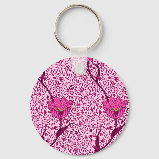 Art Nouveau Tulip Damask, Wine & Fuchsia Pink Key Ring (Front)