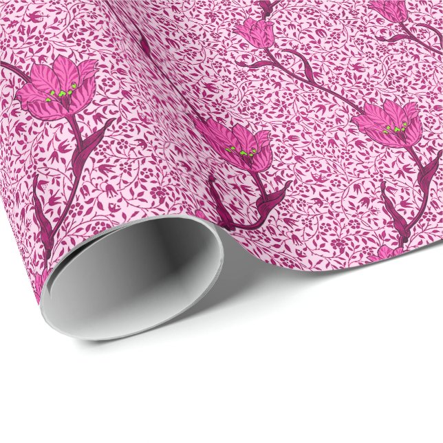 Art Nouveau Tulip Damask, Wine & Fuchsia Pink Wrapping Paper (Roll Corner)