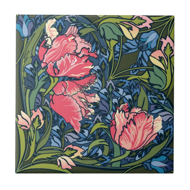 Art Nouveau Tulip Garden Colourful Ceramic Tile (Front)