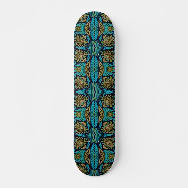 Art Nouveau Turquoise Blue Floral Pattern   Skateboard (Front)