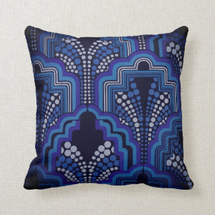 Art Nouveau Vibrant Blues, Purples, Black Design Cushion