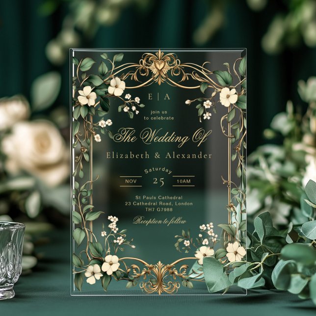 Art Nouveau Vintage Floral Green and gold Wedding Acrylic Invitations (Creator Uploaded)