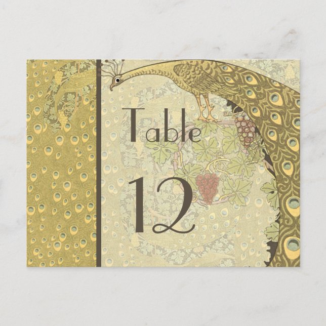 Art Nouveau Vintage Peacock Table Number Card (Front)