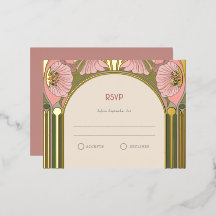 Art Nouveau Vintage Pink Green Gold Wedding RSVP