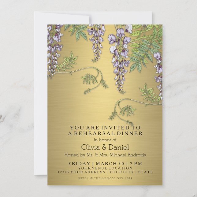 Art Nouveau Vintage Wisteria Floral Rehearsal Invitation (Front)