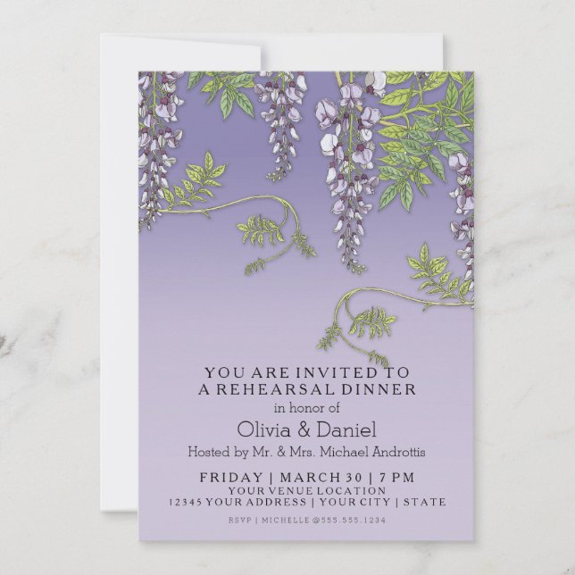 Art Nouveau Vintage Wisteria Floral Rehearsal Invitation (Front)