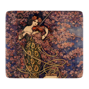Art Nouveau Violinist in Blossoms – Vintage Floral Cutting Board