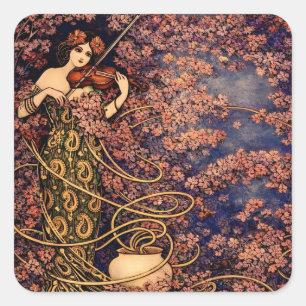 Art Nouveau Violinist in Blossoms – Vintage Floral Square Sticker