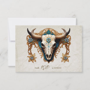 Art Nouveau Watercolor Floral Cow Skull Wedding RSVP Card
