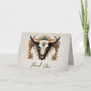 Art Nouveau Watercolor Floral Cow Skull Wedding Thank You Card