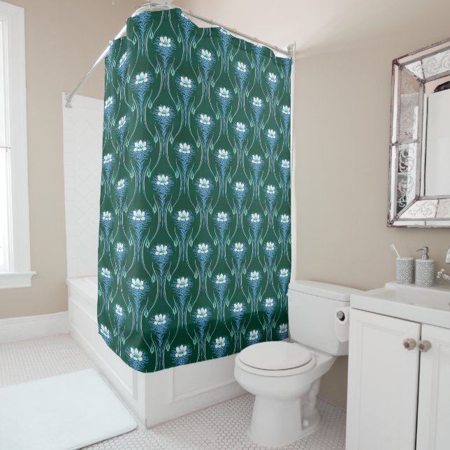 Art Nouveau Waterlily Floral Design Shower Curtain (In Situ)