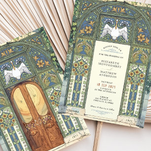 Art Nouveau Wedding Blue, Gold, Green Arch Invitation