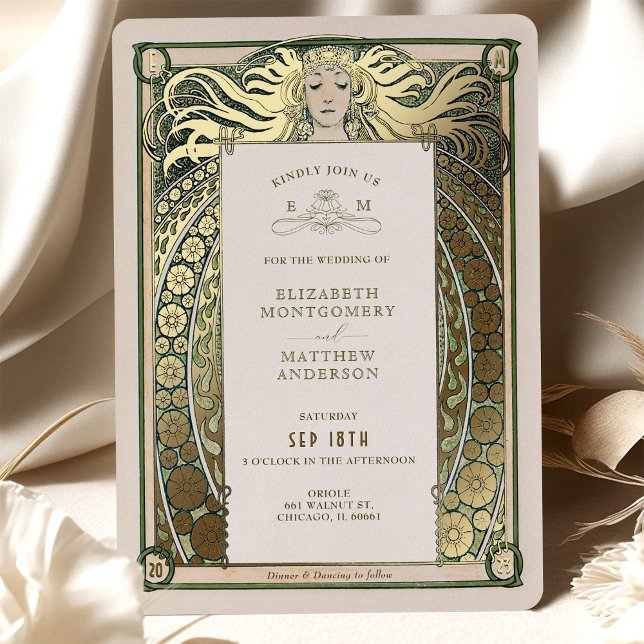 Art Nouveau Wedding Invitation Gold Green by Mucha (Creator Uploaded)