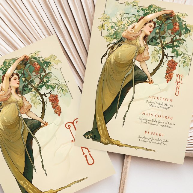 Art Nouveau Wedding Menu Card with Grapes (Creator Uploaded)