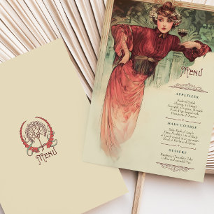 Art Nouveau Wedding Menu Vintage Lady Red Gown Invitation